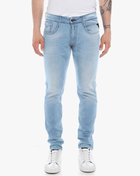 REPLAY ANBASS Slim Fit X-Lite Light Bleach Wash Jeans For Men (Blue, 32)