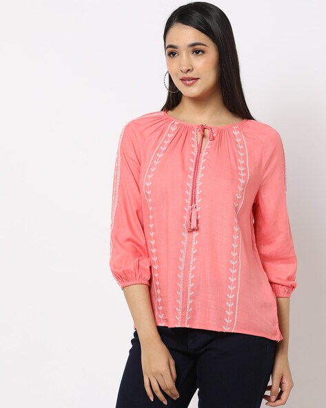 Embroidered Top with Tie-Up Neck