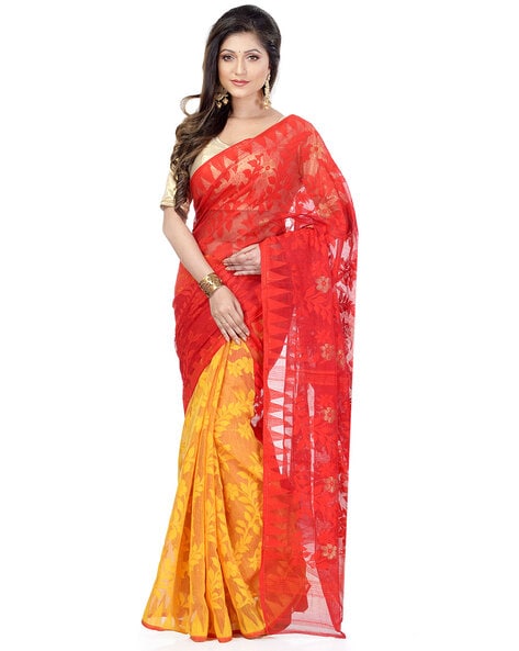 Buy Authentic Red Dhakai Jamdani Saree with Zari Work