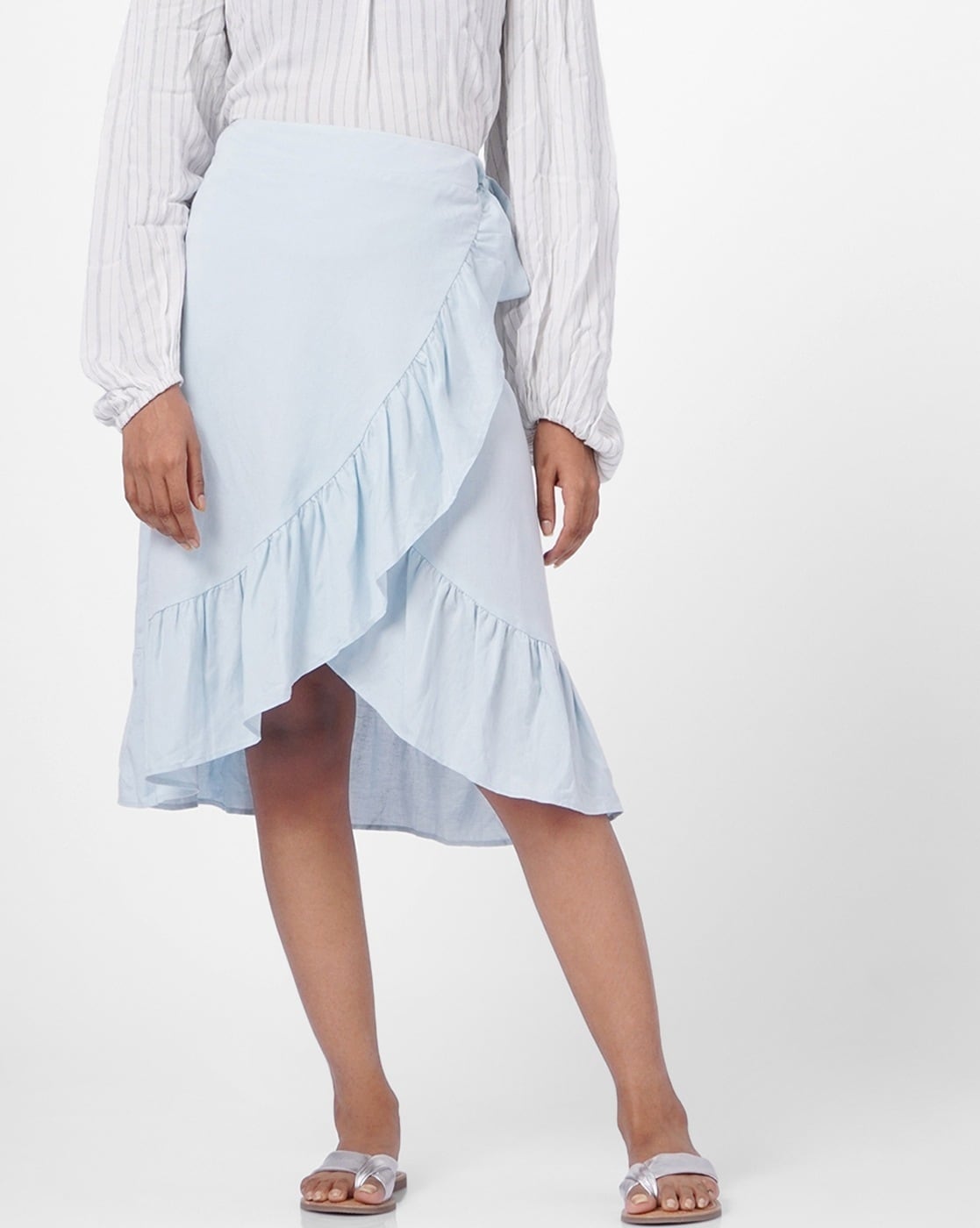 Frill Sleeve Top  Asymmetrical Skirt Set SkuBLMG20293  BITTERLIME