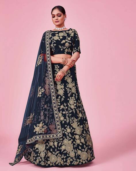 Lehenga Choli in Velvet and Net Sky-Blue Skirt and Black Top