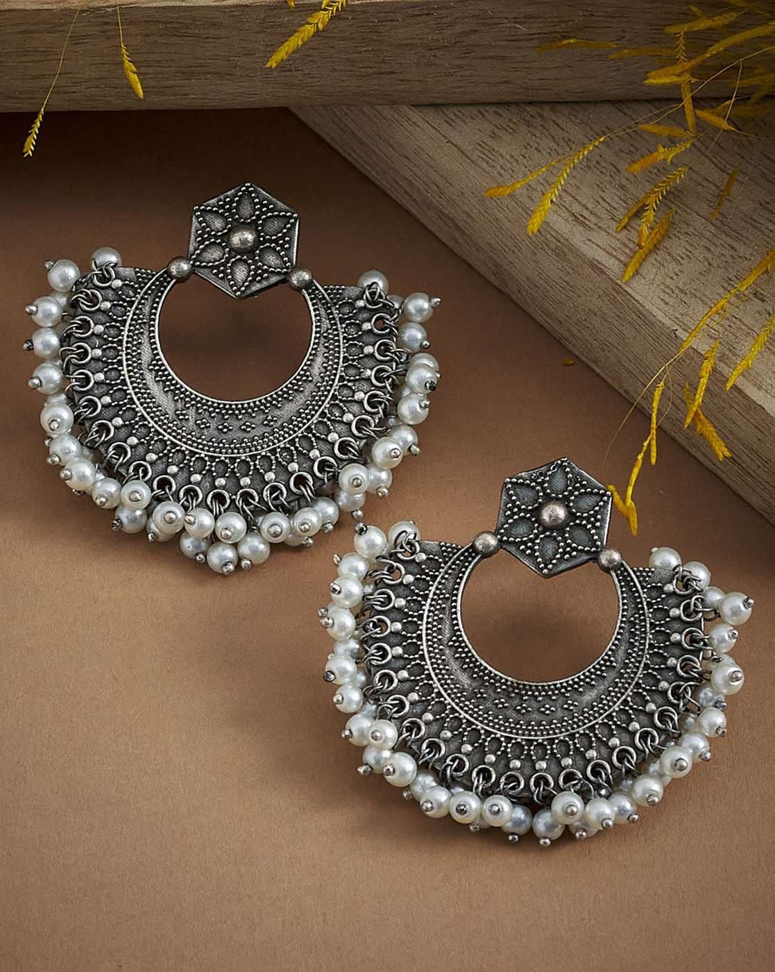Buy Online Silver Gold Plated Glass Flower Chandbali Earrings with Pearl  Strings – Pure Elegance
