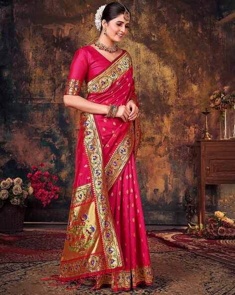 Weaving Work Puja Wear Designer Saree In Pink Color Art Silk