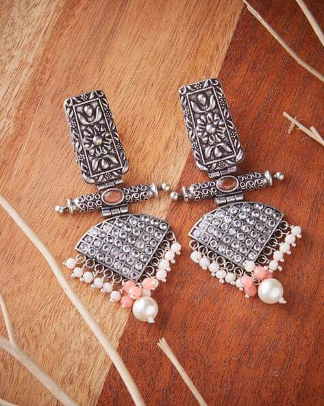 Silver-Plated Stone-Studded Dangler Earrings