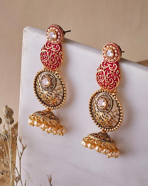 Rubans Voguish Gold Plated Stone Studded Drop Earrings