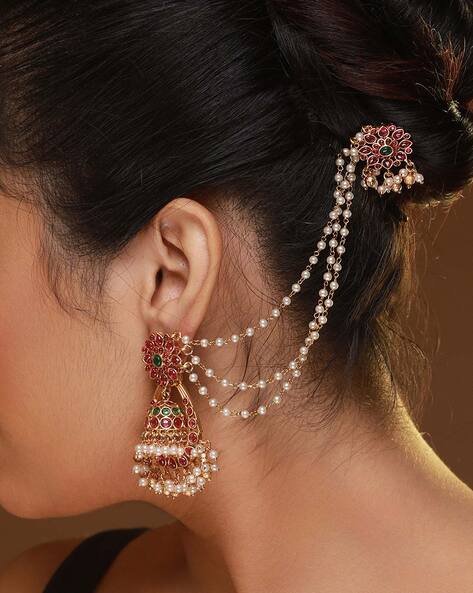 Traditional Ethnic collection gold plated jhumki jhumka earrings with  attached ear chains for women