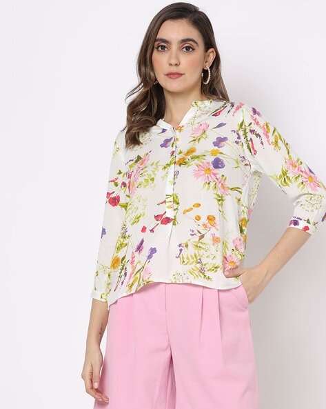 Floral Print Top with Mandarin Collar