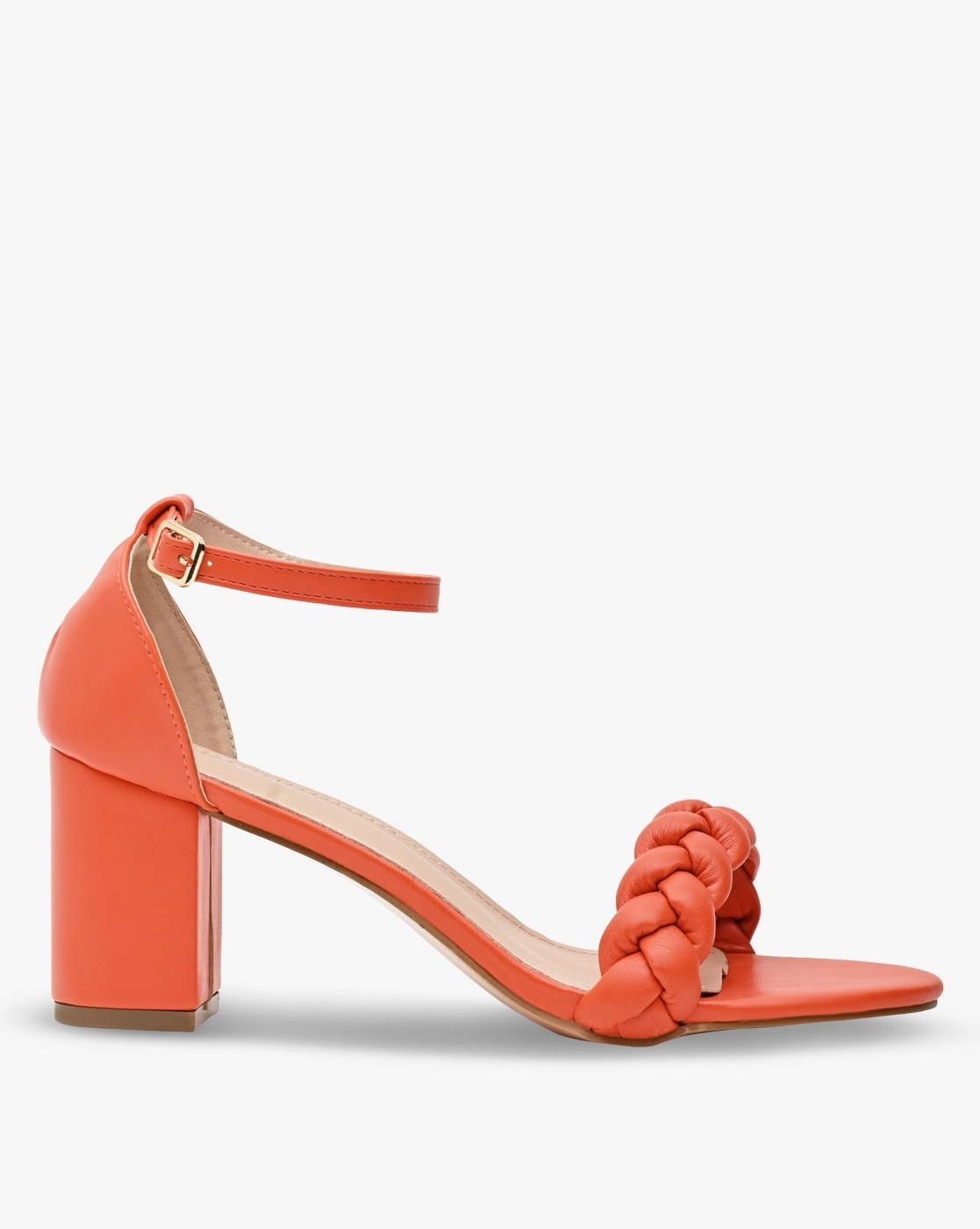 Olivia, orange mid block heel sandals | Mary Shoes