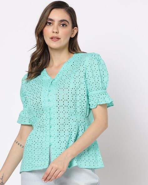 Schiffli V-Neck Top with Gathered Waist