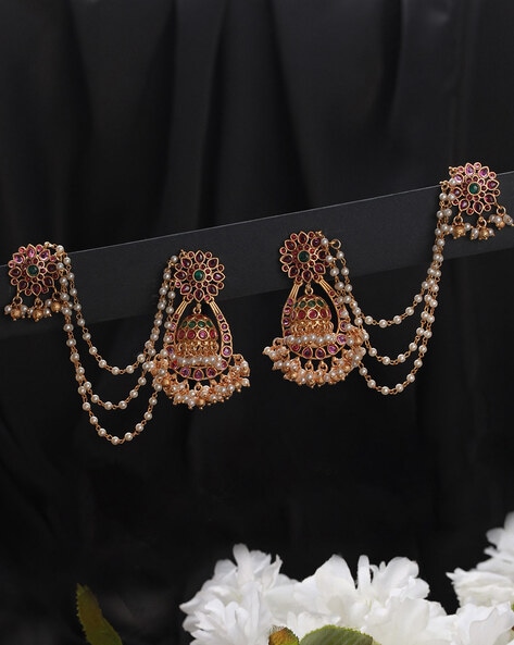 Buy Pink Gold Tone Temple Jhumki Earrings With Ear Chains Online at  Jayporecom