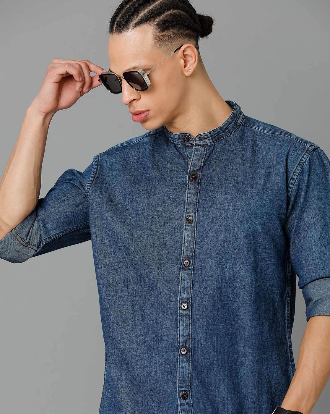 Buy Men's Styli Lightweight Mandarin Collar Relaxed Fit Denim Shirt Online  | Centrepoint KSA