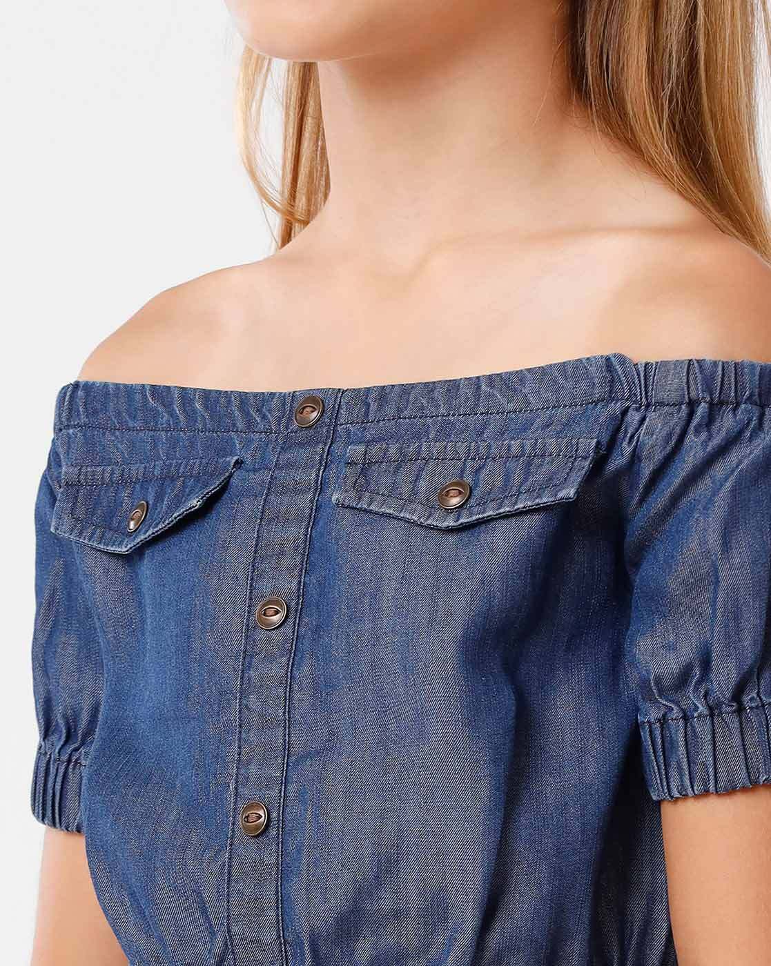 Off Shoulder Crop Top and Shorts Two Piece Set in Denim Blue – Glamour Amour