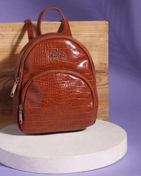 Tan Deep Cut Croco Print Leather Backpack Embossed Lion Multi-Step Poc
