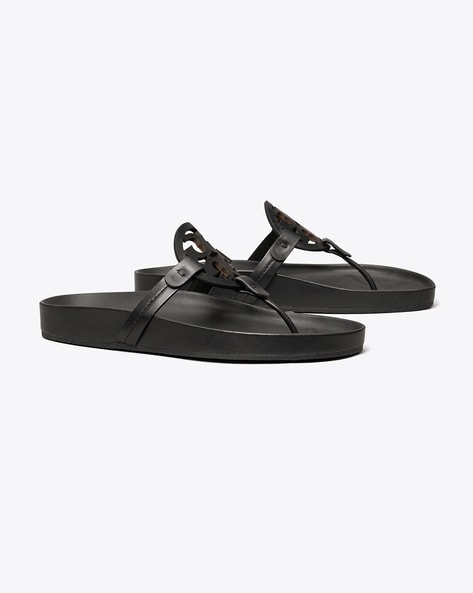 Tory burch black leather flip flops new arrivals