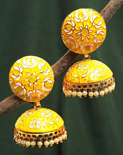 MEENAKARI RADHIKA JHUMKA EARRINGS - YELLOW – SAAR BEAUTY