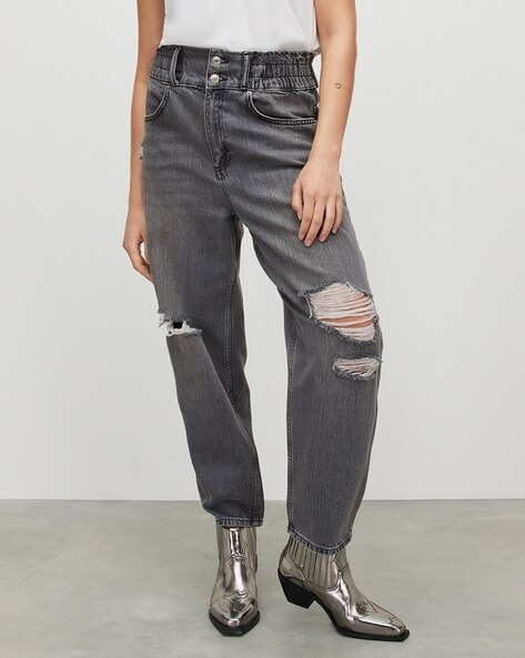 AllSaints April crop wide leg metallic jeans in blue-silver | ASOS