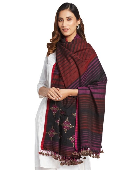Striped Wool Shawl with Tassels Price in India