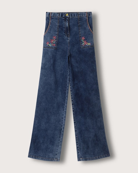 Blue Giraffe Embroidered Non-Stretchable Jeans