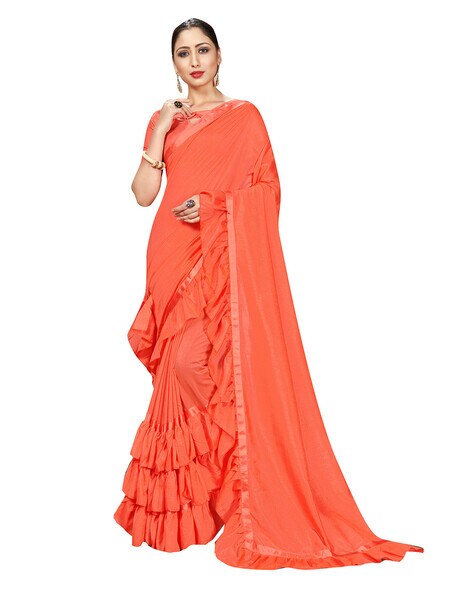 Buy Peach Organza Embroidery Floral Pre-draped Ruffle Saree With Blouse For  Women by Neha Khullar Online at Aza Fashions.