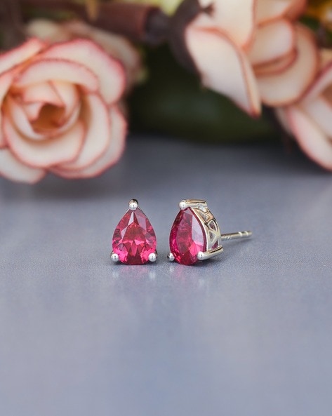 Ruby with Diamond Halo Stud Earrings in 14K Rose Gold