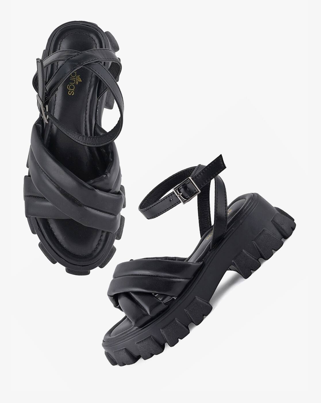 Heeled Sandals Toe Loop Black Chunky Block Heel Criss-Cross