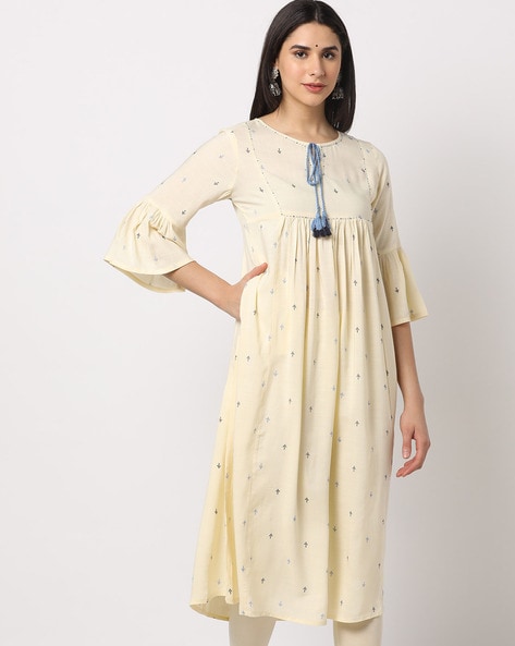 Printed Flared Kurta with Neck Tie-Up