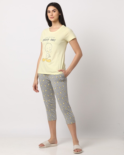 Buy Stylish Grey Printed Cotton Capri/Pajama For Women Online In