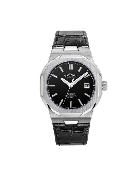 Rotary black leather discount strap automatic men's watch