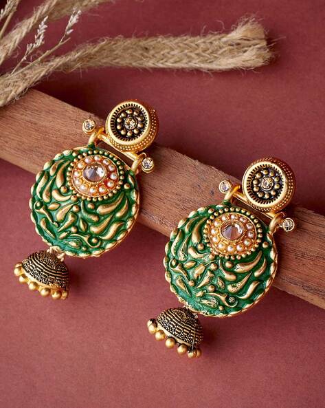 Red and green stone on sale jhumkas