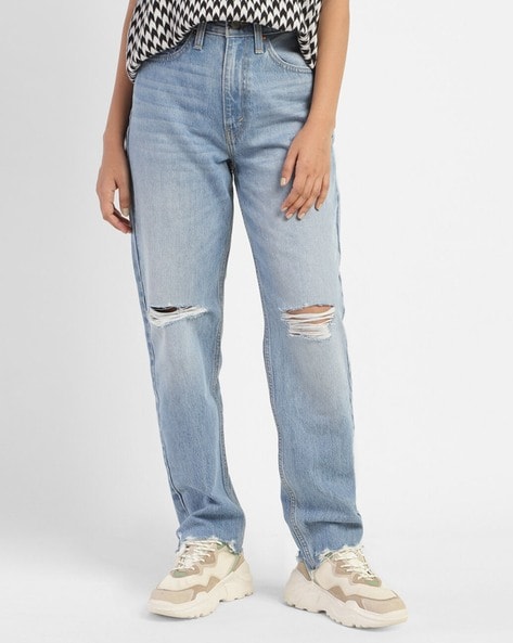 Ripped Knee Cut Distressed Jeans Light Wash Slash Pocket - Temu