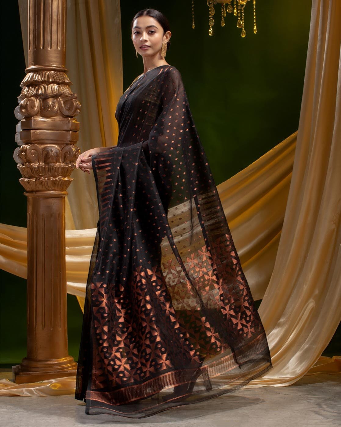 WoodenTant Women's banarasi Cotton silk Handloom Saree with pure copper  zari solid border_ (Black)