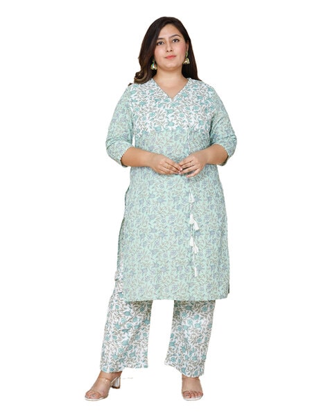 Set of 2: Olive Green Kantha Long Kurta with Solid Palazzo Pants – TJORI