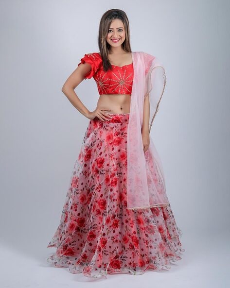 Red Print and Floral Bunches Alternate Panels Lehenga Set | Geethika – KYNAH