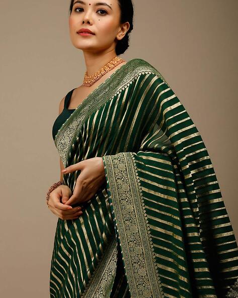 Dark Green Georgette Silk Banarasi Saree with Meenakari - Urban Womania