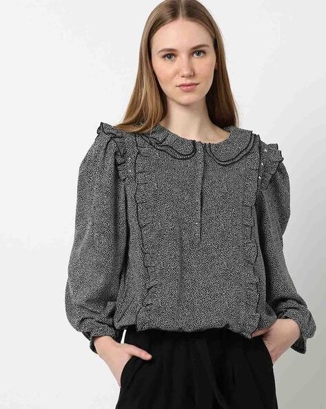 Micro Print Top with Peter-Pan Collar