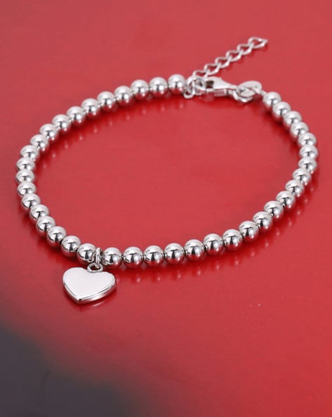 Engraved Heart Charm Beaded Bracelet in Sterling Silver - MYKA