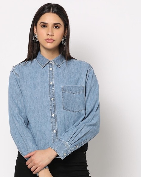 Washed Denim Shirt with Patch Pocket