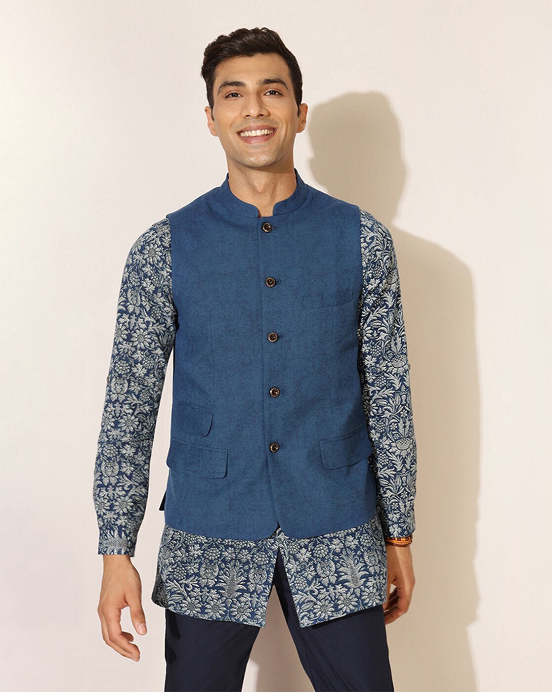 Buy Grey Jaquard Banarasi Silk Mens Nehru Jacket (NMK-7468) Online