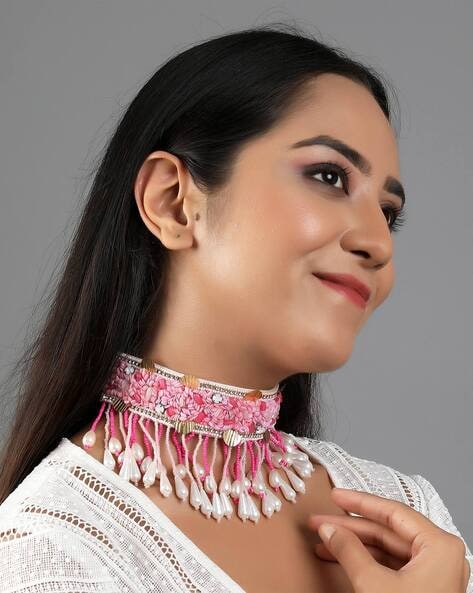 Abhiprithi Pink Kundan Choker with Earrings (Necklace and Earrings Set)