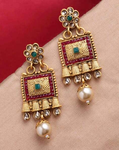 Gold-Plated Kundan-Studded Beaded Drop Earrings