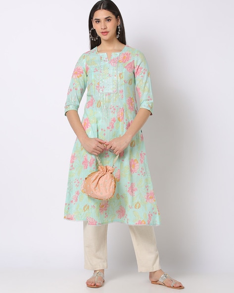 Floral Print A-Line Kurta with Embroidered Yoke