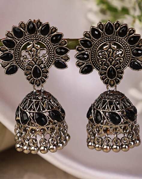 Black Glass Stone Oxidised Jhumka Earrings | Jhumka earrings, Black metal  jewelry, Earrings