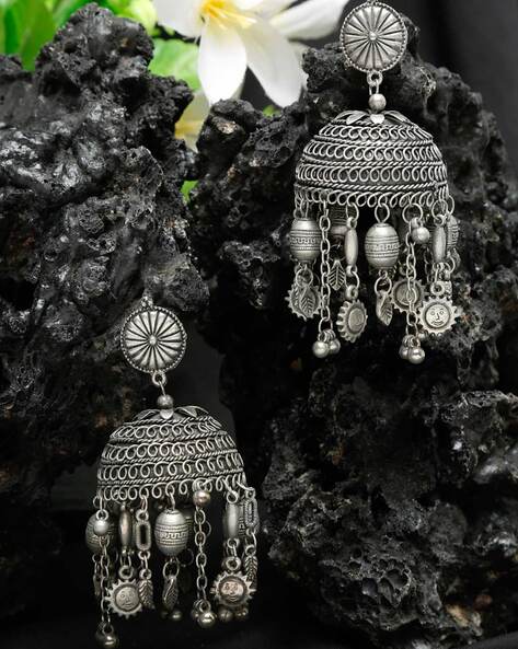 Antique Silver Chandbali with 3 Jhumkas Earrings – Bollywood Wardrobe