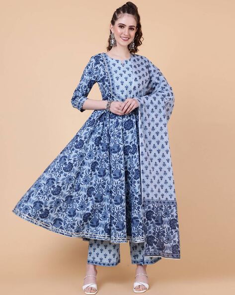 gulmohar jaipur blue floral print flared kurta set