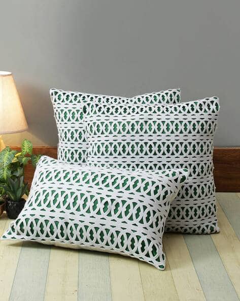 Premium Designer Laser Cut Cushion Cover Combo (Pack of 3) Green White