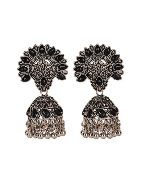 Fashion Oxidised German Silver Black Metal Traditional Studded Big Jhumka  Earrings For Women & Girls