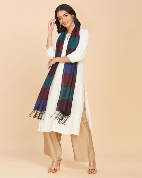 Colour-block Stole with Fringes Price in India