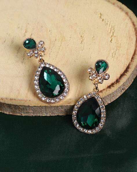 Emerald Green Antique Tone Long Earrings