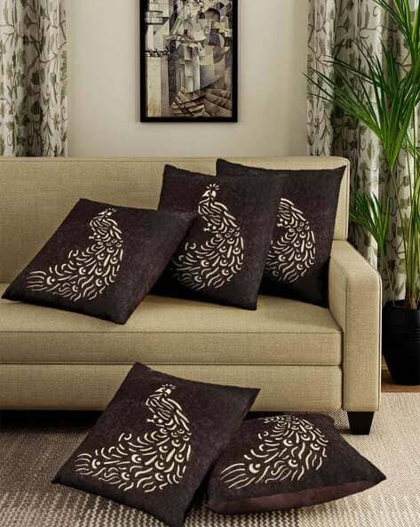 Designer Peacock Cut Velvet Cushion Covers 16 inch x 16 inch, Set of  Brown