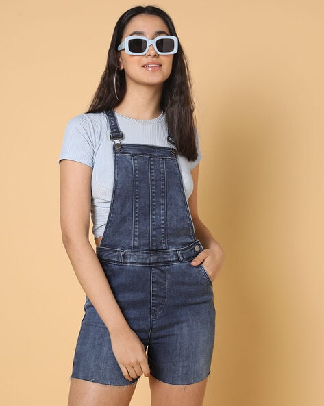 Missguided Cropped Denim Dungaree Top in Blue | Lyst